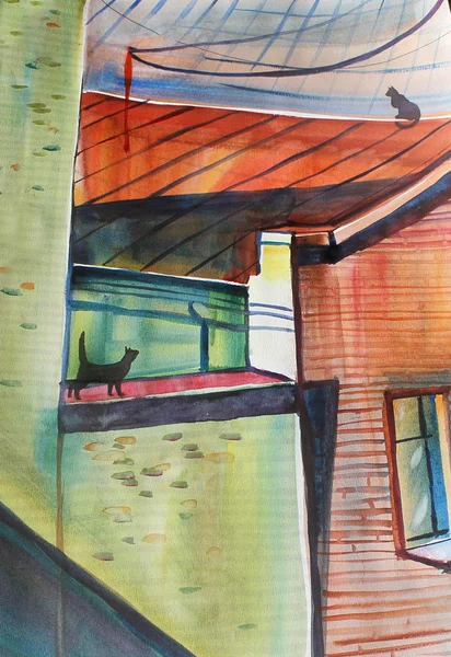 屋顶上的猫。多彩多姿的猫上面五颜六色的小镇。手绘水彩. — 图库照片