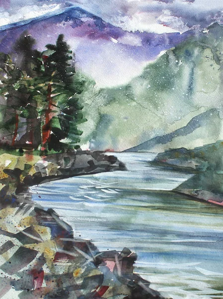 Akvarell illustration. Floden, träd, landskap, himmel. — Stockfoto