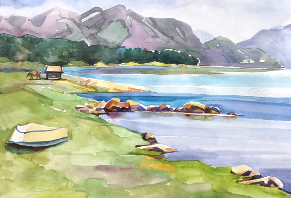 Lago Tern con montañas. Paisaje acuarela pintura de montañas cubiertas de nieve con un lago —  Fotos de Stock
