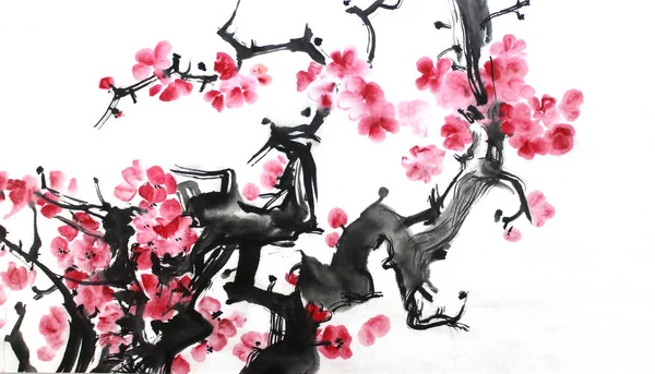 Peinture à l'encre de Chine de fleurs, fleur de prunier, sur fond blanc . — Photo