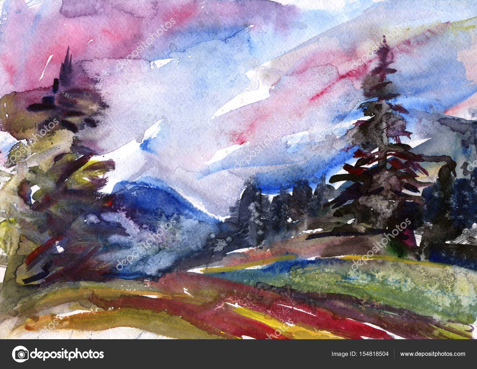 Colorful Handwork Watercolour Drawing Sunset Mountain Landscape
