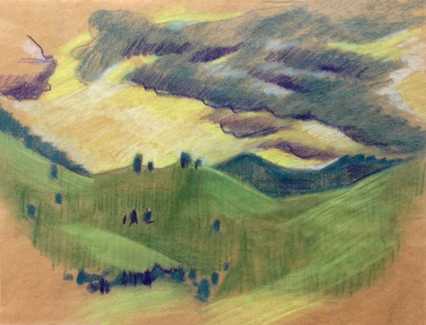 Kézzel rajzolt vázlat, utazási vázlatfüzet, kézzel rajzolt ceruza tájat a felhők, a hegyekre és a zöld-völgy. — Stock Fotó