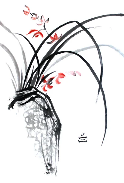 Chinese traditional ink painting of orchid on white background.