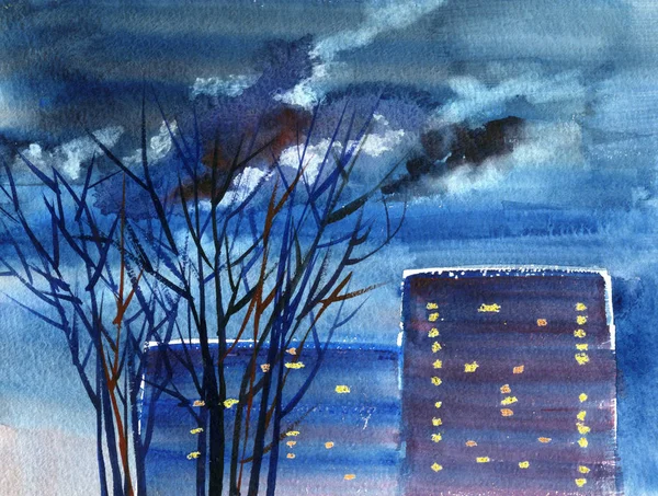 Night street view. Cityscape in twilight with houses and trees. Hand-drawn watercolor painting.