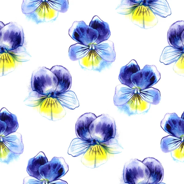 Watercolor illustration of Violet flowers. Seamless pattern. Seamless background of beautiful pansy. — Stock Photo, Image