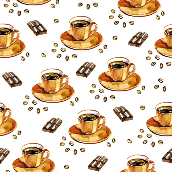 Tasse Kaffee und Schokoladenblöcke. Aquarell nahtloses Muster — Stockfoto