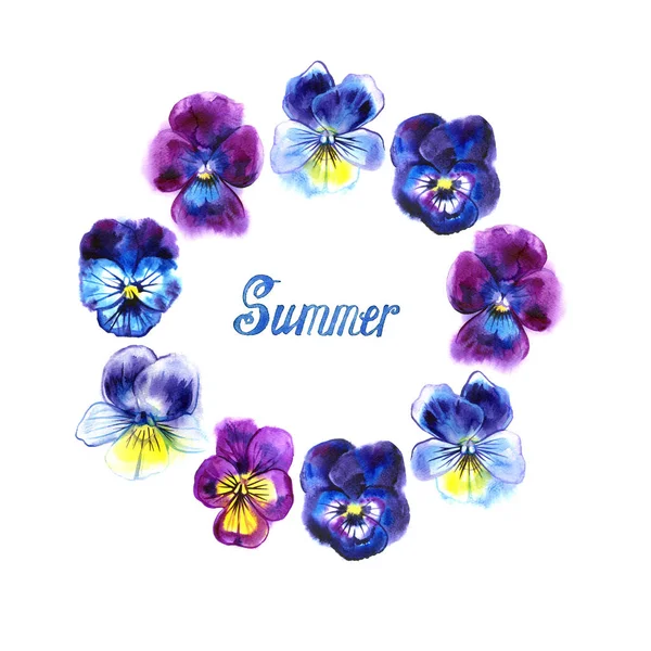 Inackordering med hand dras pansy blommor. Lila, lila, gul. Ram för kort. Sommar bokstäver — Stockfoto