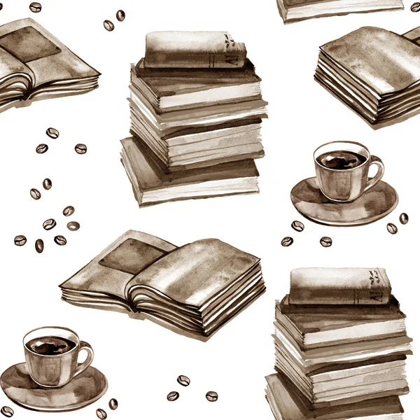 Akvarell gamla böcker och kopp kaffe. Seamless mönster isolerade på vit — Stockfoto