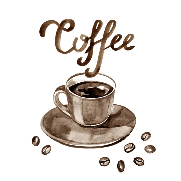 Ilustración de acuarela pintada a mano con taza de café expreso y granos de café. Logotipo — Foto de Stock