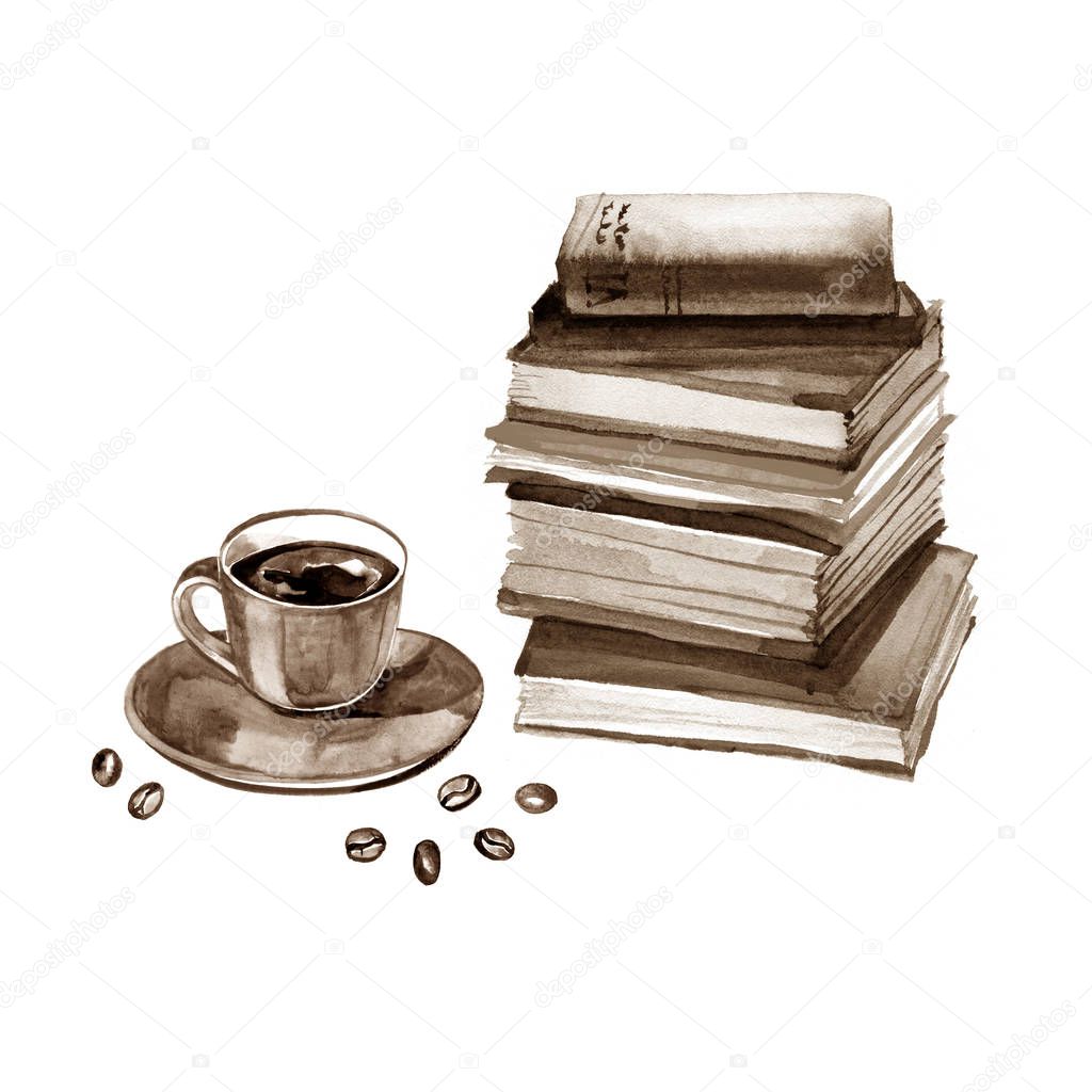 Watercolor old books and cup of coffee. Isolated on white