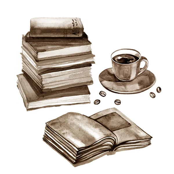 Suluboya eski kitaplar ve kahve. Beyaz izole — Stok fotoğraf