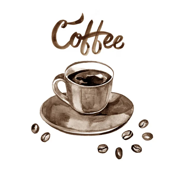 Ручная раскрашенная акварель с чашкой эспрессо и кофейными зёрнами. Логотип — стоковое фото