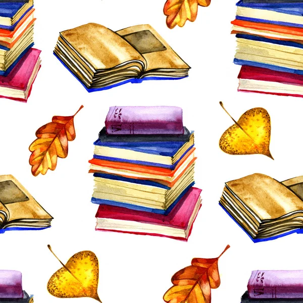 Background with autumn leaves and books. Autumn watercolor seamless pattern. — Stock Photo, Image