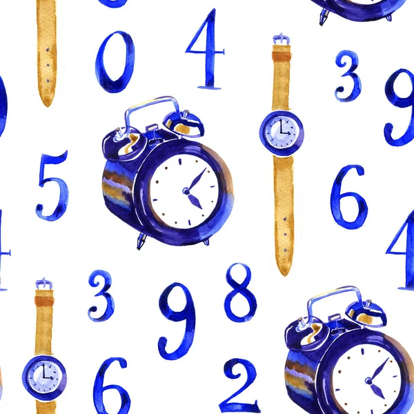 Watercolor vintage clock illustrations. Seamless pattern with watch