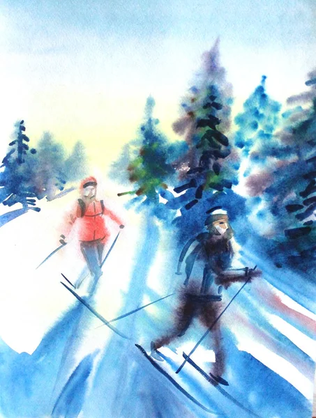 Aquarelle dessin peinture femelle et mâle sur ski dans la forêt enneigée hivernale. Sport ski nature concept . — Photo