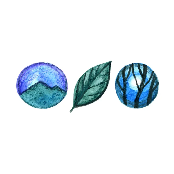 Acuarela dibujada a mano paisaje. Diseño del logo Tree mountains —  Fotos de Stock