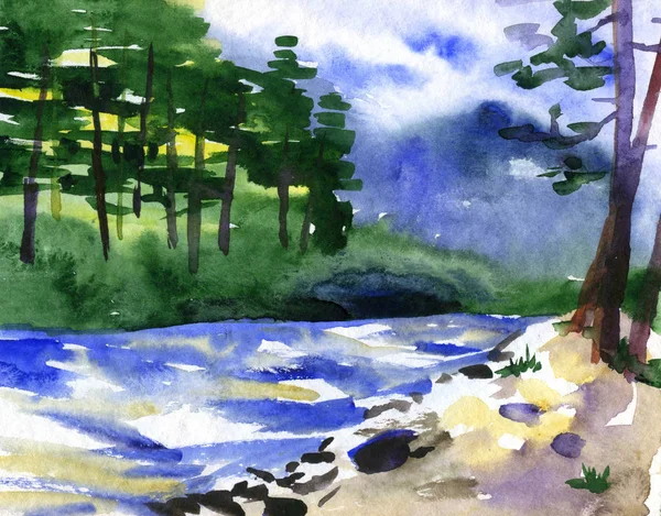 Ilustração aquarela do belo rio — Fotografia de Stock