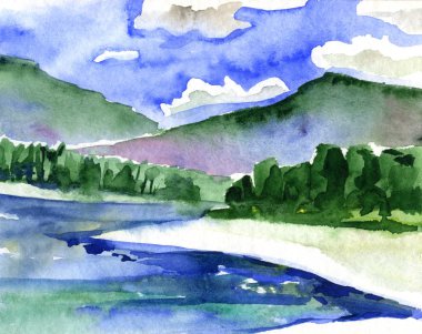 Güzel nehir suluboya çizimi