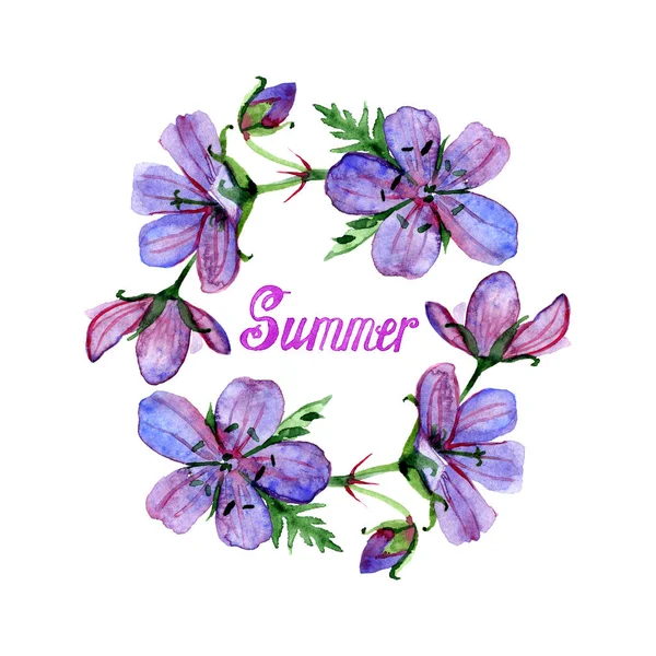 Akvarell illustration av blommor ram och sommaren bokstäver. Violett skog geranium. — Stockfoto