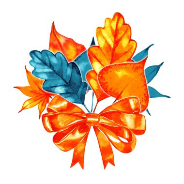 Sonbahar yaprakları ile suluboya kompozisyon. Buket.