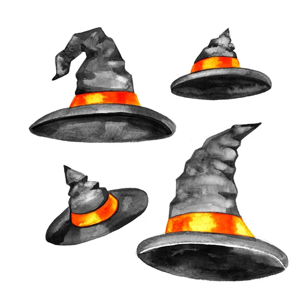 Halloween-Symbol, Aquarell schwarzer Hexenhut mit orangefarbener Schleife — Stockfoto
