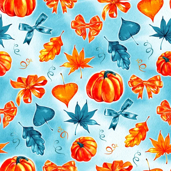 Padrão de folhas de outono pintadas com aquarelas no fundo azul. Folhas coloridas brilhantes pintadas à mão, pintura, textura, aquarela . — Fotografia de Stock