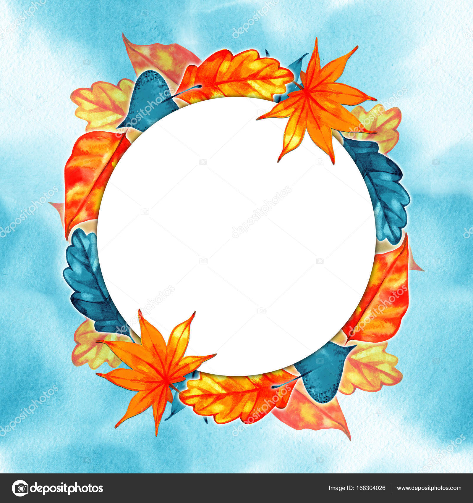 Orange watercolor autumn leaves wreath frame. Fall border ...