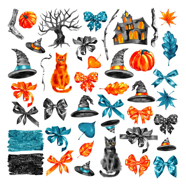 Halloween set, drawn. Watercolor symbols. Stylized drawing in vintage style