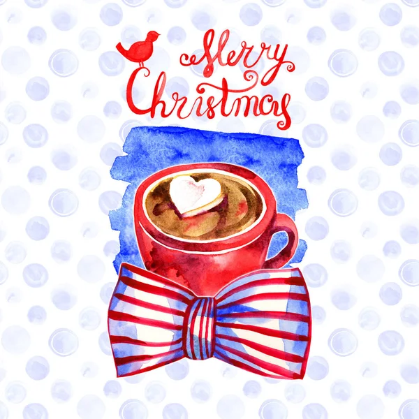 Leuke winter wenskaart met een mok warme chocolademelk. Prettige kerstdagen en gelukkig Nieuwjaar collectie. Hand geschilderd in aquarel. — Stockfoto
