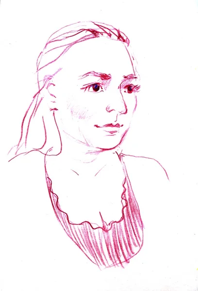 젊은 여자의 초상화를 그리기입니다. 여성 얼굴입니다. 아름 다운 여자의 스케치. — 스톡 사진