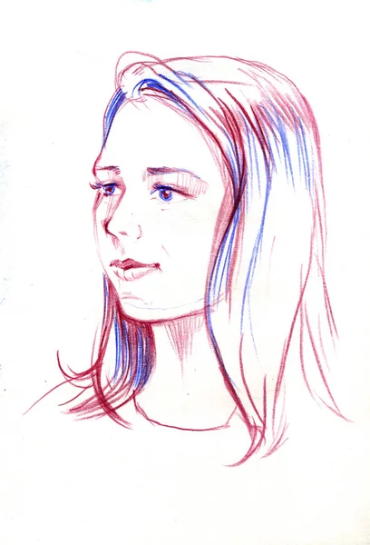 Desenho de retrato de mulher jovem. Cara feminina. Esboço de menina bonita . — Fotografia de Stock