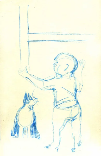 Σκίτσο του παιδιού που παίζει με τη γάτα. Χέρι εικονογράφηση — Φωτογραφία Αρχείου