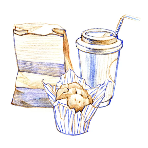 스케치 손으로 그려지는 이미지의 컵 커피, 컵 케 익. 흰색 배경에 고립. — 스톡 사진