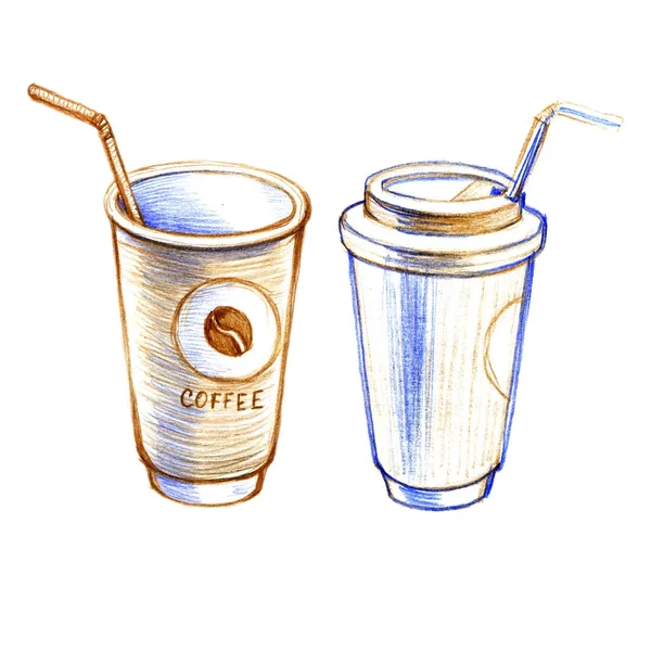 Szkic dłoni narysowanych obrazu o kubek z kawa, ciastko. Na białym tle. — Zdjęcie stockowe