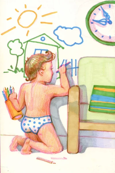 Des enfants dessinent. Un garçon dessine une gribouille sur le mur. Drôle de personnage de dessin animé . — Photo