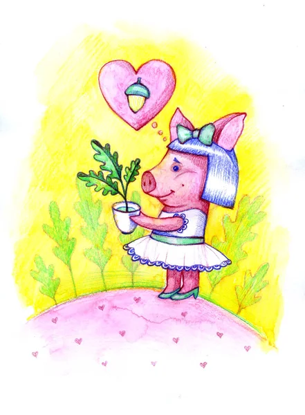 Прекрасная милая иллюстрация со свиньей, дубовыми листьями и желудями. Хорошего дня. Иллюстрация с акварелью . — стоковое фото
