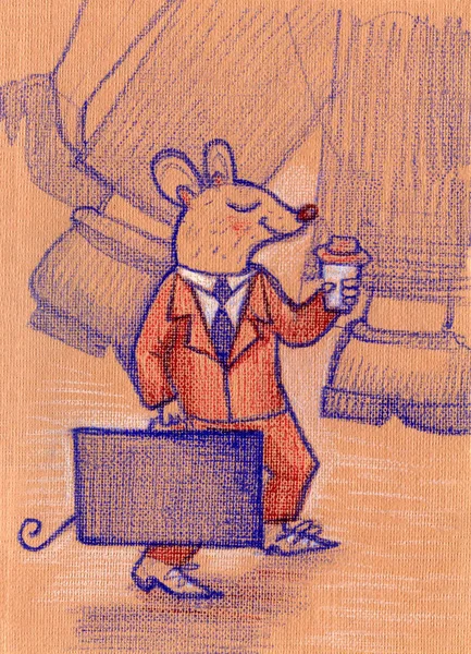 Good little mouse in suit with coffee goes to work