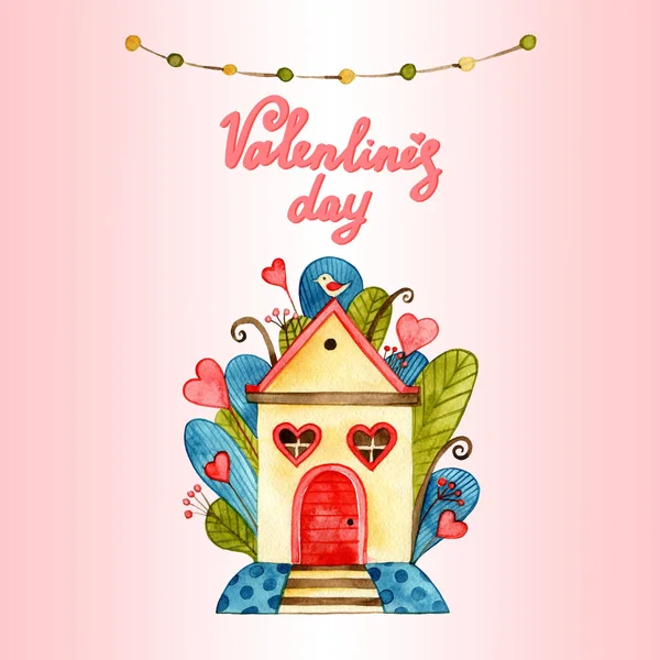 Greeting card with love theme heaving love birds, hanging wooden hut on tree branch, floral background for Valentine Day. — Stock Photo, Image