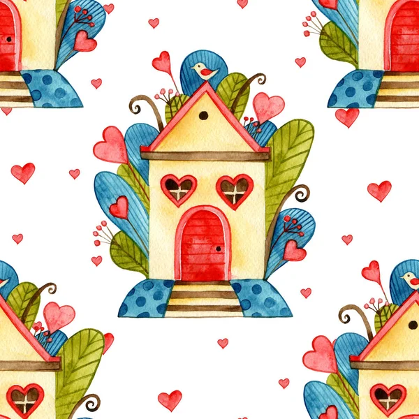 Бесшовный узор с домом любви и сердец, День Святого Валентина, шаблон дизайна, акварель иллюстрации — стоковое фото