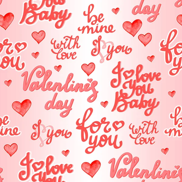 Seamless pattern with love words, hearts. Valentine love illustration Handwritten lettering. — Stock Photo, Image