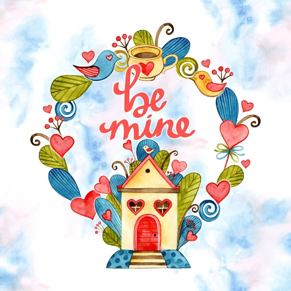 Cartão de saudação Watercolor Valentine. Letras de amor. Quadro de casa doce . — Fotografia de Stock