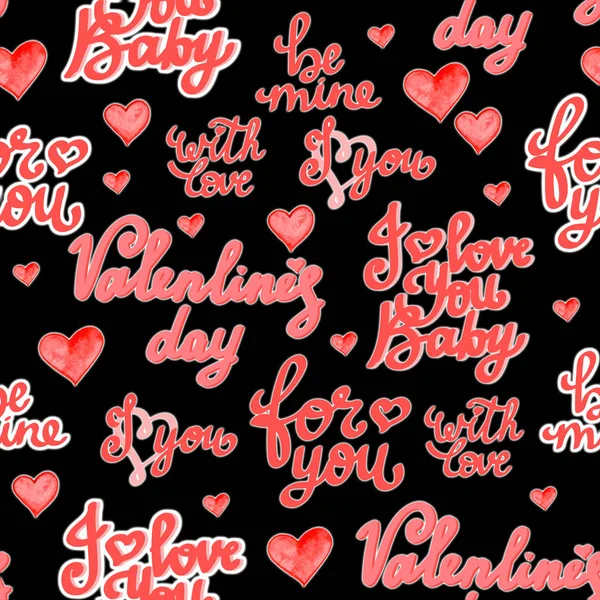 Seamless pattern with love words, hearts. Valentine love illustration Handwritten lettering.