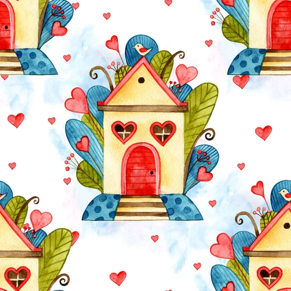 Seamless pattern with house of love and hearts, Valentine Day, design template, watercolor illustration — Stock Photo, Image