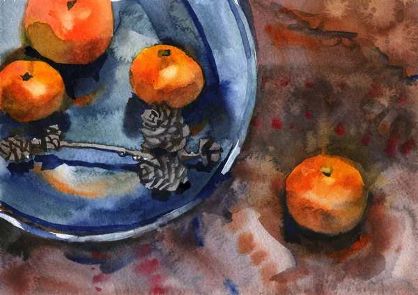 Aquarel Stilleven met mandarijnen. Oosterse achtergrond, blauwe plaat en kegels. Hand getrokken — Stockfoto