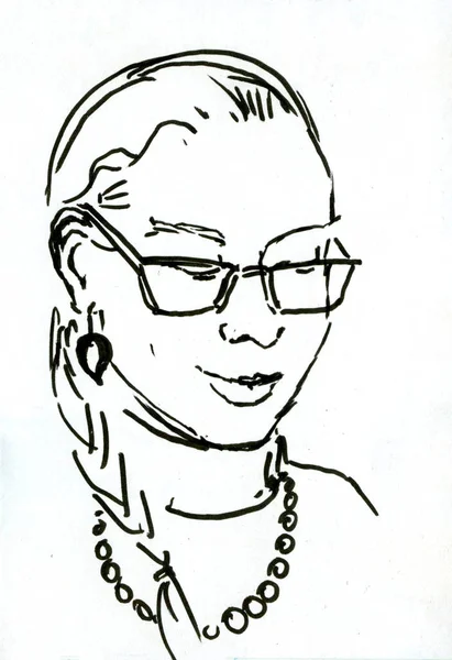Hand drawn beautiful cute young girl. Glasses and braid. Marker illustration.