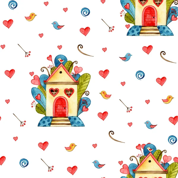 Patrón sin costuras con casa de amor y corazones, Día de San Valentín, plantilla de diseño, ilustración de acuarela — Foto de Stock