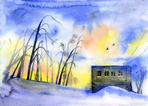 Winter watercolor landscape, loneliness and sadness