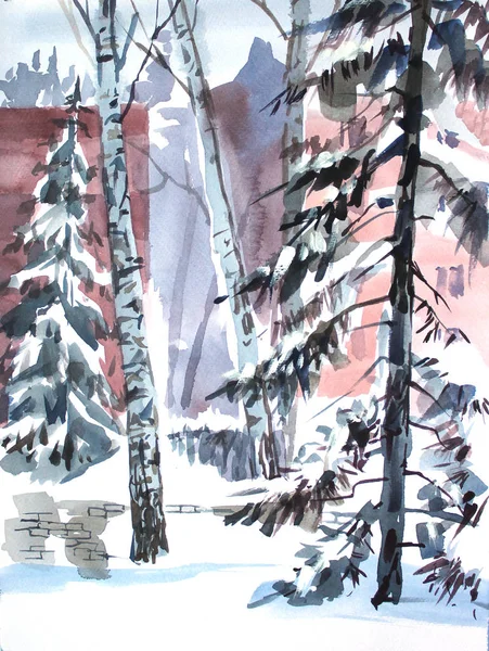 Paisaje invernal con árboles en el parque urbano. Boceto acuarela. ilustración dibujada a mano . — Foto de Stock