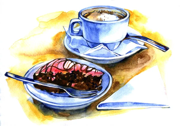 Ручний намальований акварельний шоколадний торт з ягодами та чашкою кави — стокове фото