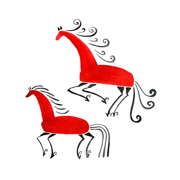 Akvarelu ukázkou tradiční malby s jeleny Mezen. Sada koně — Stock fotografie